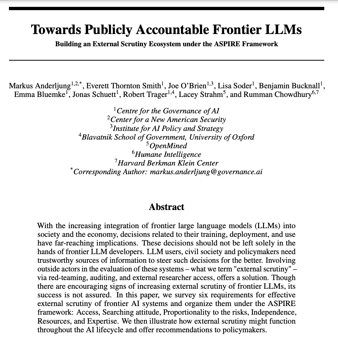 As the impacts of frontier AI models increase, decisions about their development and deployment can't all be left in the hands of AI companies. In a new paper, we describe how such decisions could be more publicly accountable via external scrutiny.