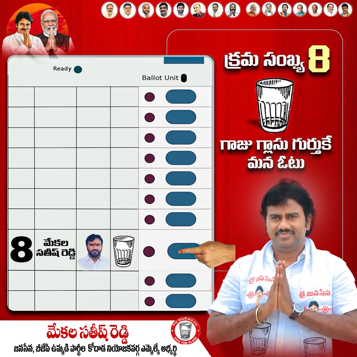 JanaSenaParty's tweet photo. ఈ నెల 30వ తారీఖున జరగనున్న ఎన్నికల్లో కోదాడ నియోజకవర్గం నుండి బీజేపీ-జనసేన పార్టీలు బలపరచిన జనసేన పార్టీ అభ్యర్థి శ్రీ మేకల సతీష్ రెడ్డ�� గారిని బ్యాలెట్ బాక్స్ సీరియల్ నంబర్ 8, "గాజు గ్లాసు" గుర్తుపై ఓటేసి గెలిపించి, శ్రీ @PawanKalyan గారి నాయకత్వాన్ని బలపరచాలని, తెలంగాణలో మార్పును కోదాడ నుండి మొదలుపెట్టాలని ప్రజలకు విజ్ఞప్తి చేస్తున్నాం.

#VoteForGlass #VoteForJanaSena #JSPBJPAlliance
