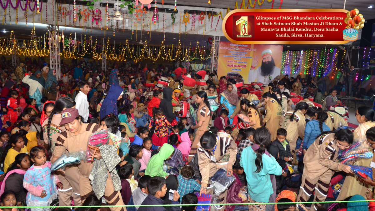DSSNewsUpdates's tweet photo. Amidst the sacred aura of #MSGBhandara, joy radiated as 732 blankets for the needy, 732 clothes for underprivileged children, and 7 keys of newly constructed homes were handed over to the homeless families.  These welfare acts illuminate the true spirit of selfless service. #MSGIncarnationDay #DeraSachaSauda