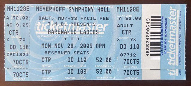 StubsUsed's tweet photo. OTD in 2005 - Barenaked Ladies played the Meyerhoff Symphony Hall in Baltimore, MD on the Barenaked for the Holidays Tour. The All Children’s Chorus of Annapolis opened with three holiday songs. The show was later released as Barenaked for the Holidays Tour ‘05 Live. https://t.co/VyxgGswLWg