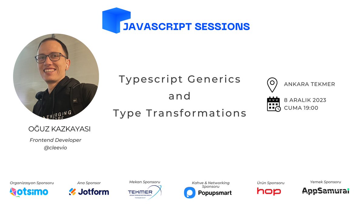 JavaScript Sessions Ankara (@javascriptsess1) on Twitter photo Merhaba JavaScript severler!
8 Aralık Cuma günü Ankara TEKMER'de <a href="/cleevio/">CleevioX</a>'dan Oğuz Kazkayası'nı ağırlıyoruz.
Kayıt için: kommunity.com/javascript-ses…
<a href="/popupsmartcom/">Popupsmart</a> <a href="/AnkaraTekmer/">Ankara TEKMER</a> <a href="/JotformTurkiye/">Jotform Türkiye</a> <a href="/AppSamurai/">AppSamurai</a> <a href="/hop_turkiye/">hop</a> Merhaba JavaScript severler!
8 Aralık Cuma günü Ankara TEKMER'de <a href="/cleevio/">CleevioX</a>'dan Oğuz Kazkayası'nı ağırlıyoruz.
Kayıt için: kommunity.com/javascript-ses…
<a href="/popupsmartcom/">Popupsmart</a> <a href="/AnkaraTekmer/">Ankara TEKMER</a> <a href="/JotformTurkiye/">Jotform Türkiye</a> <a href="/AppSamurai/">AppSamurai</a> <a href="/hop_turkiye/">hop</a>