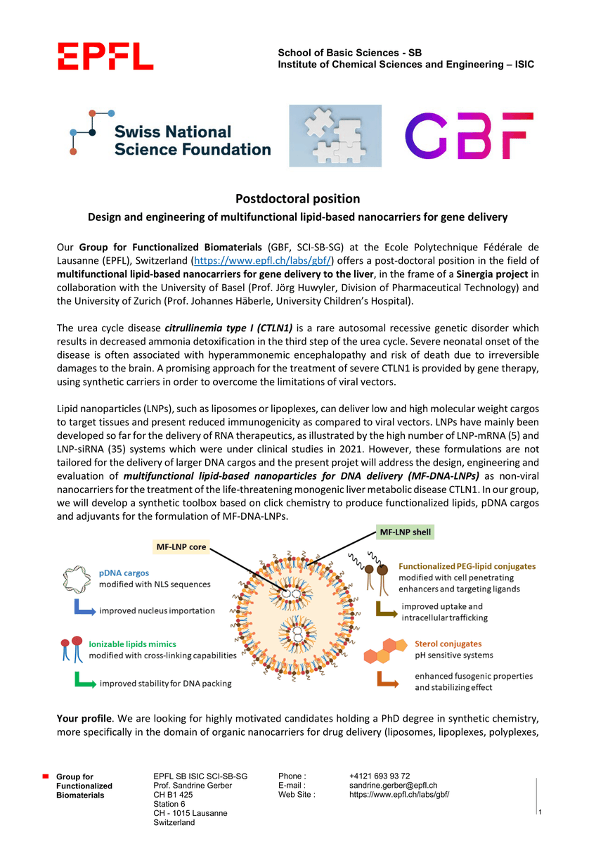 GBFlab's tweet photo. In the frame of a #SNF Sinergia grant received a few weeks ago 🎉 we are opening a postdoc position (start. date between January &amp; April 24)

Motivated candidates should have previous experience in organic nanocarriers for drug delivery and be fluent in english🧬

Info here: https://t.co/CxMKKC3tff