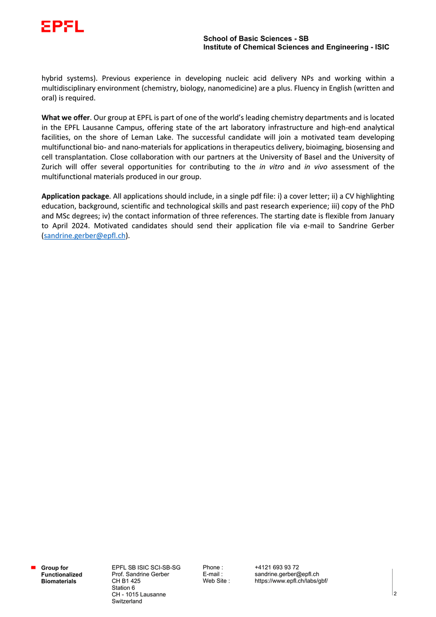 GBFlab's tweet photo. In the frame of a #SNF Sinergia grant received a few weeks ago 🎉 we are opening a postdoc position (start. date between January &amp; April 24)

Motivated candidates should have previous experience in organic nanocarriers for drug delivery and be fluent in english🧬

Info here: https://t.co/CxMKKC3tff