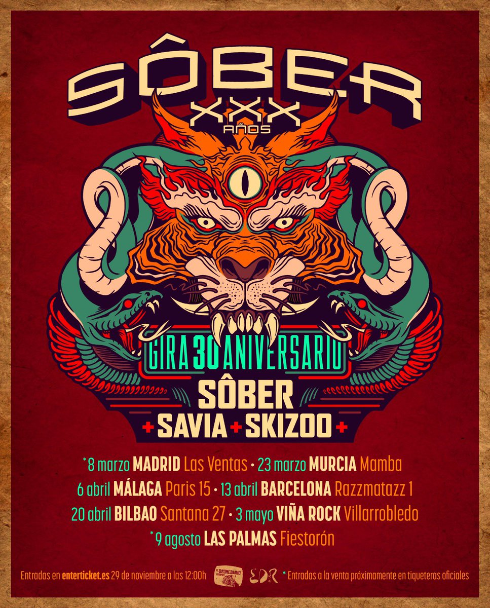 🔥 GIRA 30 ANIVERSARIO 🔥

¡Tremendamente emocionados! 
Aquí os dejamos las primeras fechas confirmadas, junto a Savia Y Skizoo. 

🎟 Entradas disponibles mañana, 29/11 a las 12:00H, en <a href="/enterticket/">Enterticket</a> 
**Próx en tiqueteras oficiales.

Os esperamos.