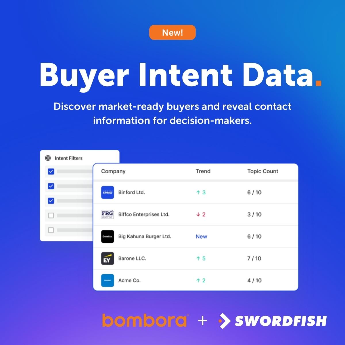swordfish_ai's tweet photo. Buyer intent data from @bomboradata is now live on https://t.co/usaIvjGcZq. 🎉 Discover market-ready buyers and unlock accurate contact information including exclusive cell phone data.

Unlock free access to Swordfish. 👇

https://t.co/lamF8HPoQm

#sales #salestips https://t.co/P978z0iN3A