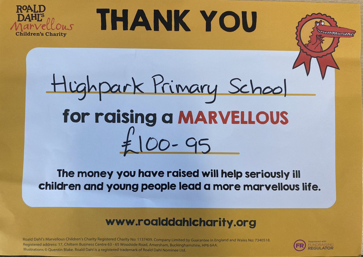 A massive well done to all our pupils for raising money for <a href="/RoaldDahlFund/">Roald Dahl Charity</a> . #teamhighpark #buildingaschoolthatreads  <a href="/jen_mackenzie05/">Mrs MacKenzie</a> <a href="/scottishbktrust/">Scottish Book Trust</a>