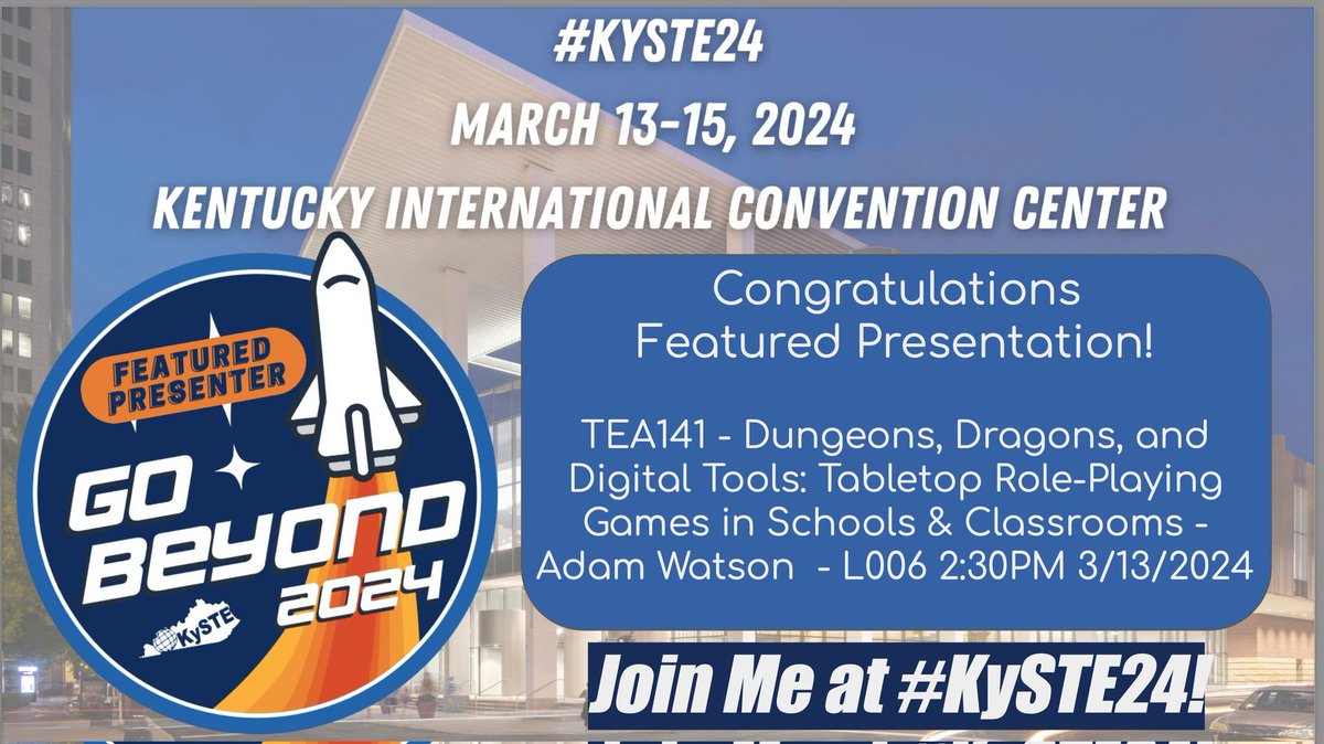 Proud to announce that I'll be presenting at #kyste24 on March 13!  Come join me, and let's roll some (digital) dice together! 

#kyedrpg #KYDLC #KyGoDigital #KyLchat #KYDL #UnitedWeLearnKY
