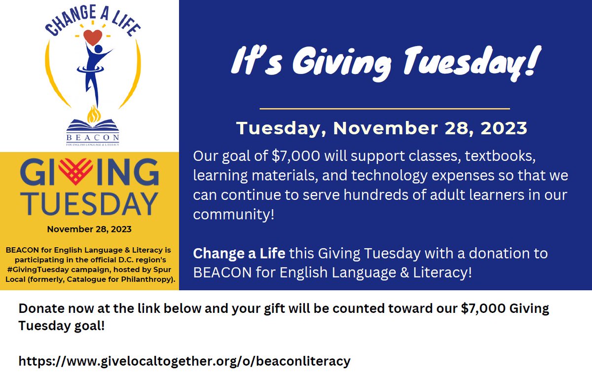 Last year, with the dedicated support of more than 140 volunteers, BEACON for English Language &amp; Literacy served a record-breaking 455 students. This year we're on track to serve even more!

Will you help us reach our #GivingTuesday goal?

givelocaltogether.org/o/beaconlitera…
