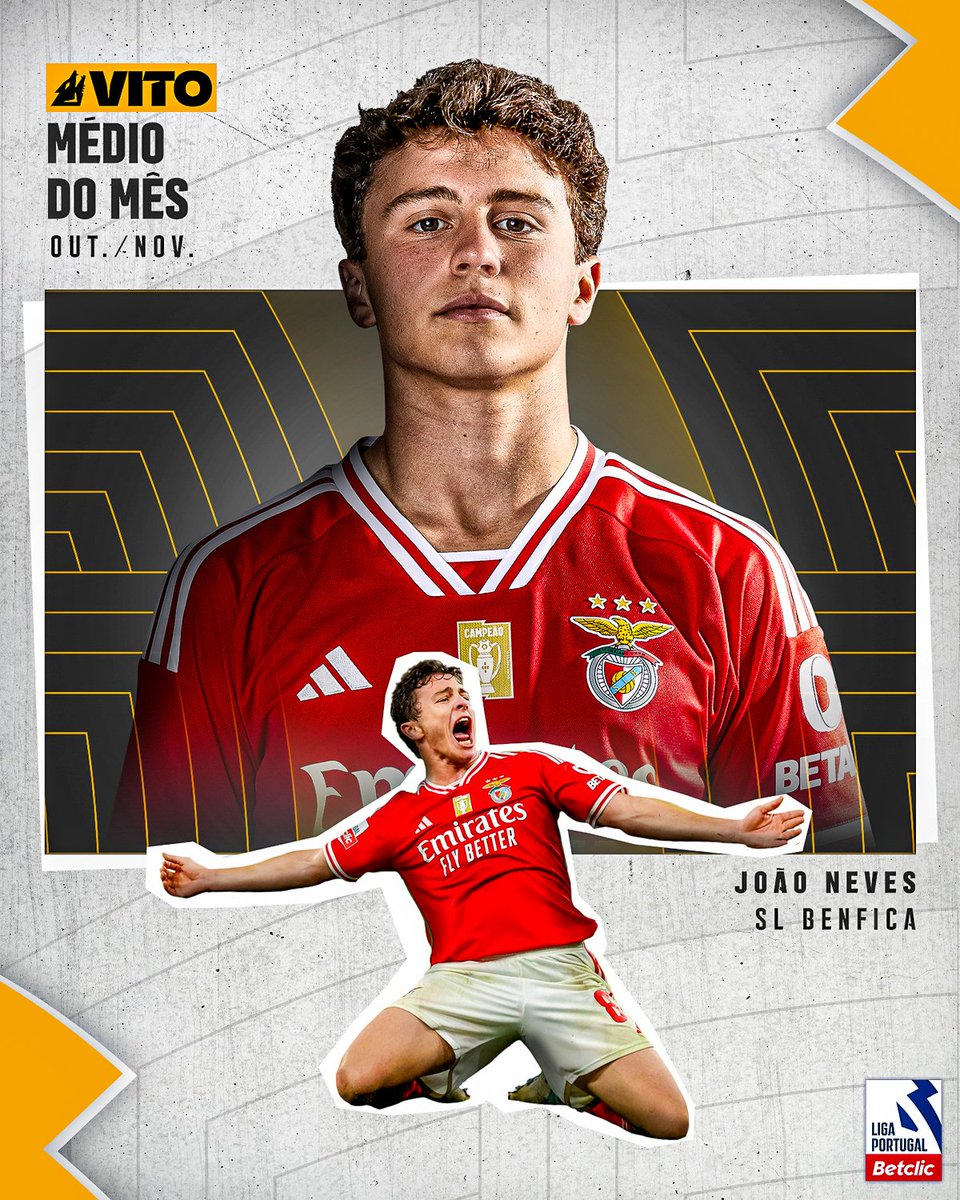 João Neves foi eleito o melhor médio da Primeira Liga em outubro e novembro.