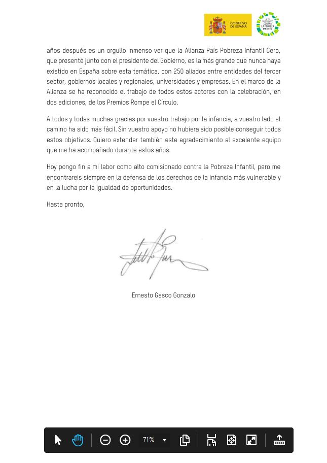 Carta de despedida del alto comisionado contra la Pobreza Infantil, Ernesto Gasco.