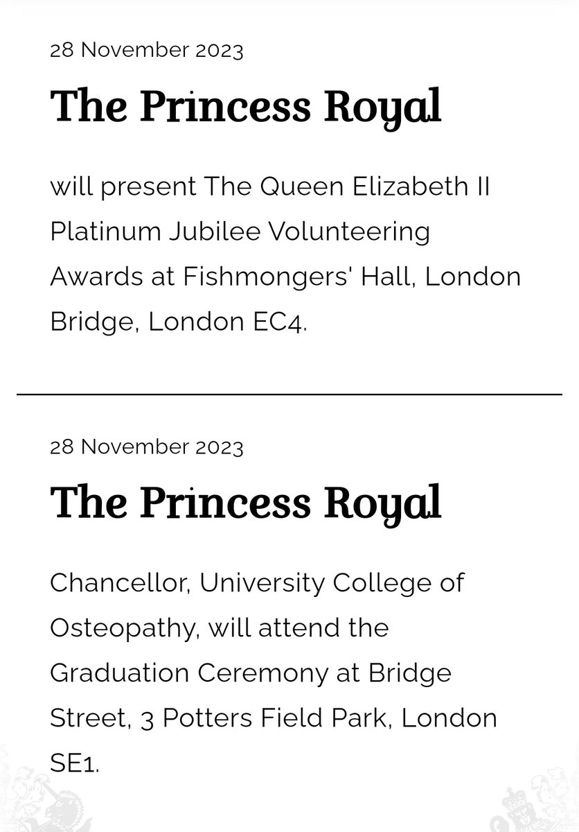 #PrincessAnne 
#ThePrincessRoyal                     
#RoyalFamily 
‼️ Princess Anne 👸🏻 today's engagement. (1/2)

👉 Present The Queen Elizabeth II Platinum Jubilee Volunteering Awards 
👉 Attend the Graduation Ceremony of University College of Osteopathy