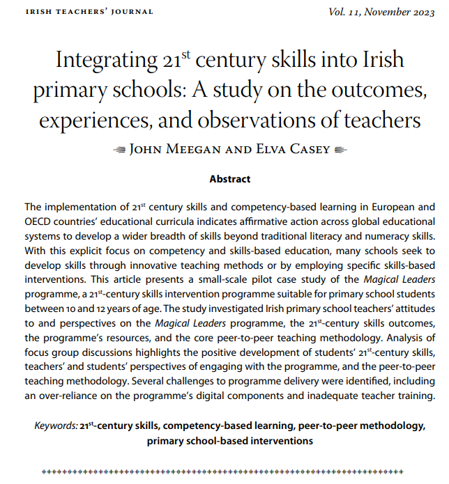 JohnMeegan1's tweet photo. A new publication with @CaseyElvacasey is out today in the Irish Teachers' Journal exploring the integration of 21st century skills into Irish primary schools. That's 3 papers in 2023.🤞for an equally productive 2024! @froebelMU @HiberniaCollege @INTOnews @Zeeko_Education https://t.co/pKuFu50DYv