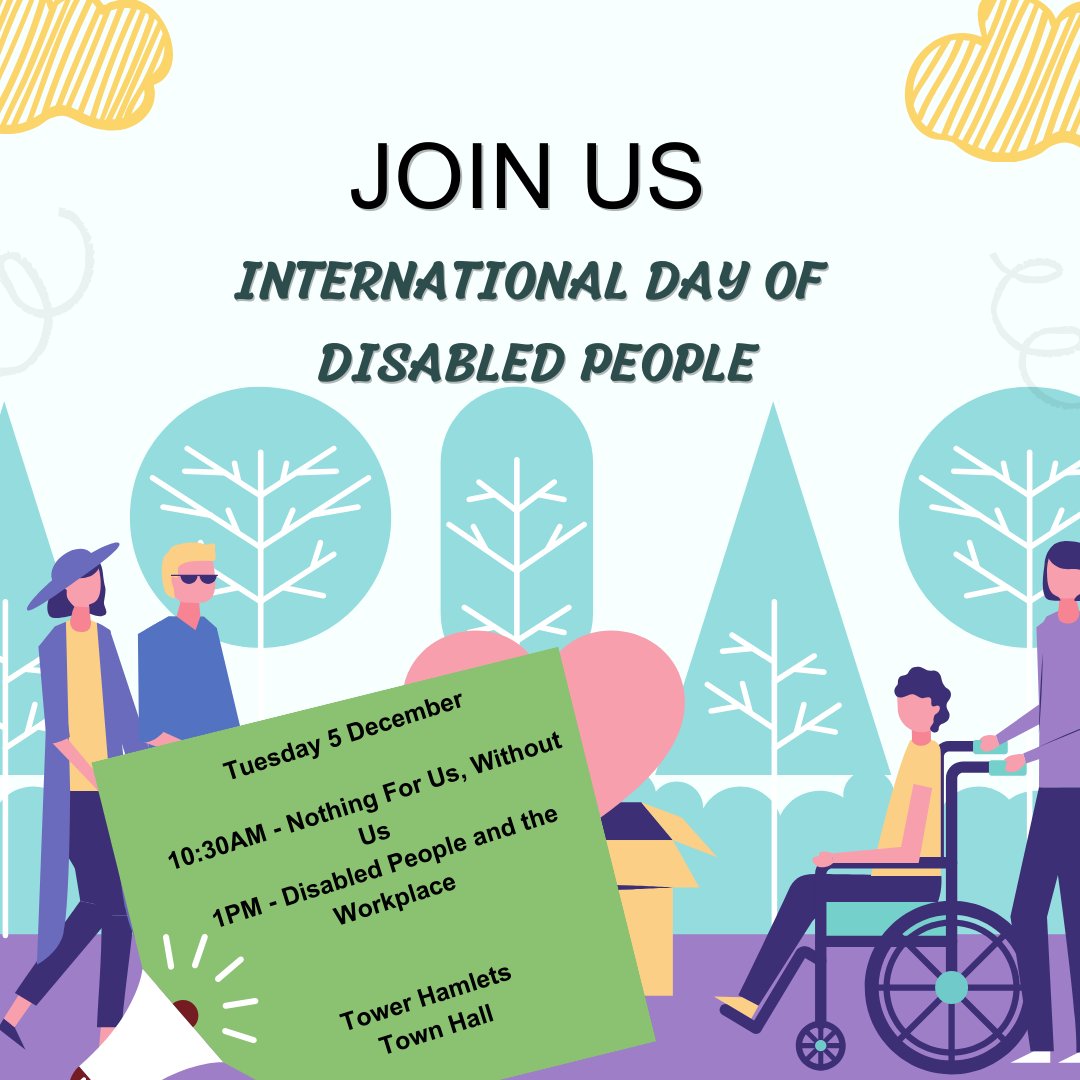 RealDPO's tweet photo. One week to go for our International Day of Disabled People celebration! Have you signed up via Eventbrite yet? 👉 https://t.co/Vc8IqvhrxC 

Join us on Tuesday 5 December at Tower Hamlets Town Hall to make sure that you have your say in our future with the Mayor of Tower Hamlets. https://t.co/Tn7oLPODLd