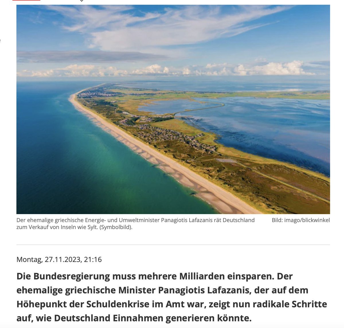 Former Greek Minister advises Germany to sell islands (e.g. Sylt) to replace off-budget billions shot down by the constitutional court. Obviously silly. But it should make 🇩🇪politicians think who during the 🇬🇷 debt crisis were calling for Greek public assets to be sold off.