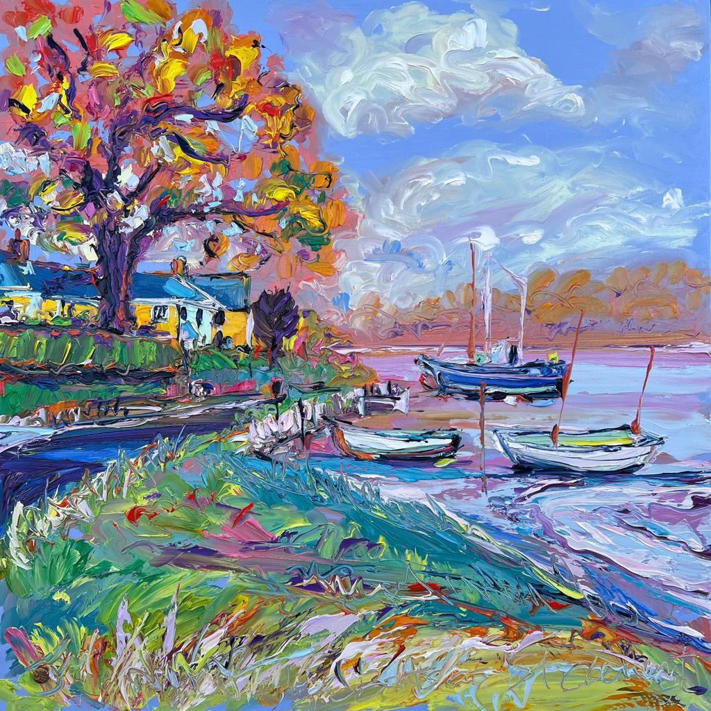 Experimenting again today! Getting closer to where I want to be … ‘St Clement Boats’ 50cm x 50cm Inspired by our gentle walks along the river #contemporaryart #artforsale #cornwall