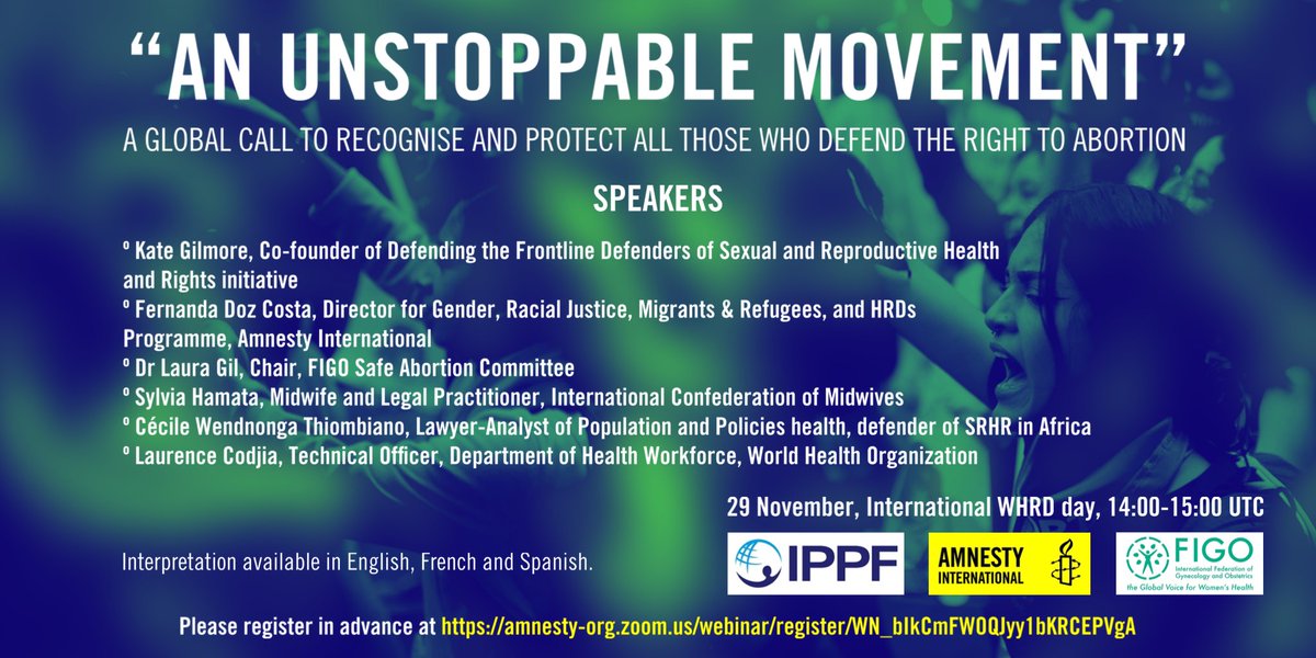 world_midwives's tweet photo. Celebrate International Women Human Rights Defenders Day online with @amnesty @world_midwives @FIGOHQ @ippf and partners tomorrow, 29 November
Register: https://t.co/o8rwI4Rji2
⚖️ #UnstoppableMovement #IWHRD
Speakers include @gilmoreksure @SPenelao @FernandaDozCost and more! https://t.co/vcLE45OCWR