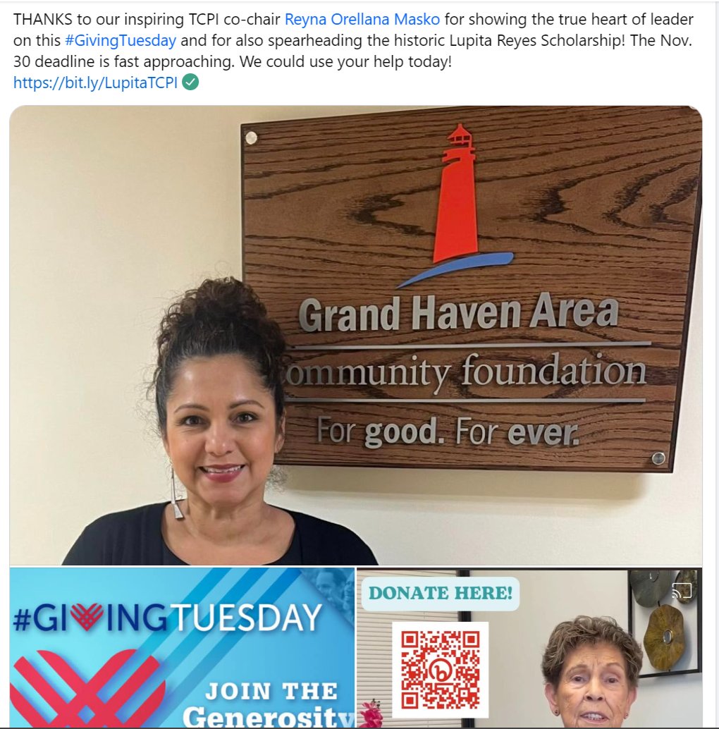 Our inspiring TCPI co-chair Reyna Masko says #GivingTuesday is about "unleashing the power of people and organizations to transform their communities." PLEASE consider contributing to the #LupitaReyesScholarship Fund at <a href="/ghacf/">GH Area Community Foundation</a>.
bit.ly/LupitaTCPI