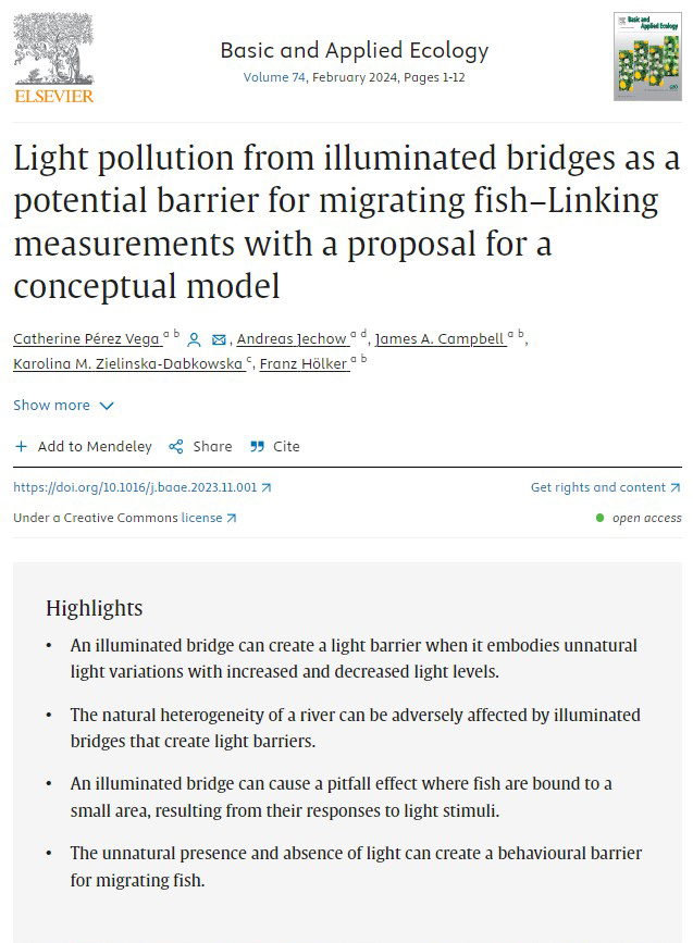 cathperezvega's tweet photo. New article out ✨and #OA on
#Lightpollution from #illuminatedbridges as a potential barrier for #migratingfish – Linking measurements with a proposal for a conceptual model
w/co-authors @AndreasJechow @RTBecard @DrZielinska #FranzHölker @LeibnizIGB
https://t.co/5WD6yl5s0t https://t.co/fLdzhidqLk