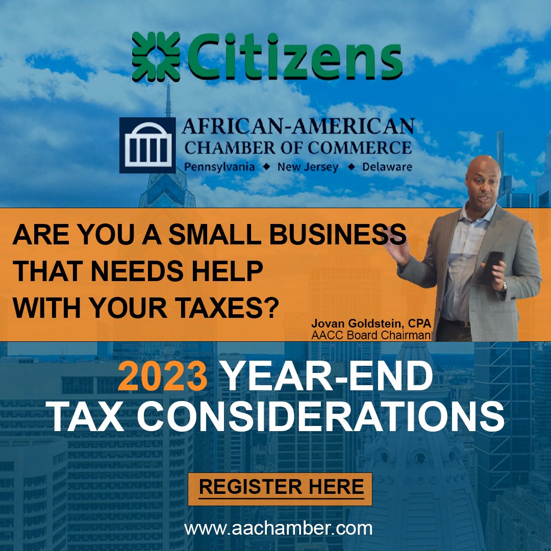 Small business owners, don't miss AACC's 2023 Year-End Tax Considerations program!

November 29, 2023
9:30-11 AM EST
The Navy Yard, Philadelphia

Register: membership.aachamber.com/events/details…

#JoinAACC #TaxEducation #AACCEvent
