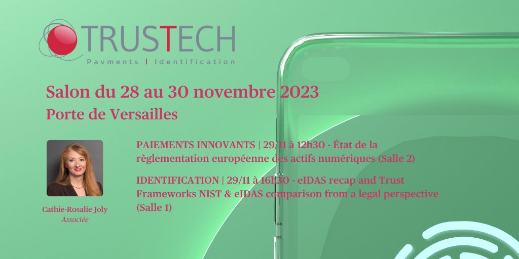 , <a href="/TRUSTECH_Event/">TRUSTECH Event</a>  | Mercredi 29 novembre, Paris - Porte de Versailles
<a href="/JOLYCathie/">JOLY Cathie-Rosalie</a> , associée responsable de la pratique #Fintech de <a href="/twobirdsFR/">Bird & Bird France</a> , interviendra lors de deux key notes dédiées aux paiements innovants et à l’identification
lnkd.in/exJsUXw
