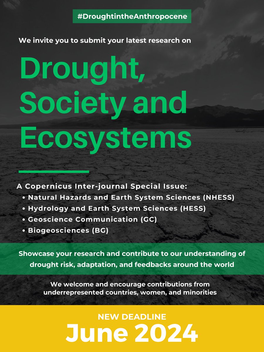 EGU_GC's tweet photo. Submit your latest research to the GC / @EGU_NHESS / @EGU_BG / @EGU_HESS inter-journal special issue "Drought, society, and ecosystems", deadline: 30 Jun 2024. Contribute to our understanding of drought risk, adaptation, and feedbacks around the world https://t.co/Eds8uwVNrN https://t.co/lgLyzMMG3U