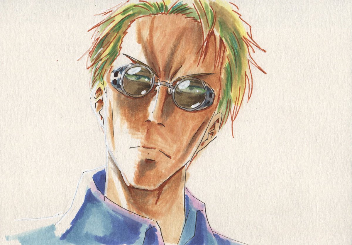 nanami kento 1boy male focus solo blonde hair shirt blue shirt sunglasses  illustration images