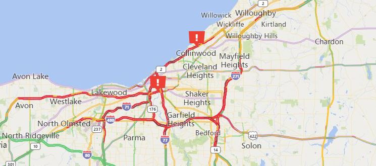 ODOT_Cleveland's tweet photo. Conditions are variable from dry to white out. Use caution on the roads this morning. Expect slower commute times in the snow belt. Over 80 trucks out in District 12 this morning. Give plow trucks room to work. https://t.co/eGYWt7rArx
