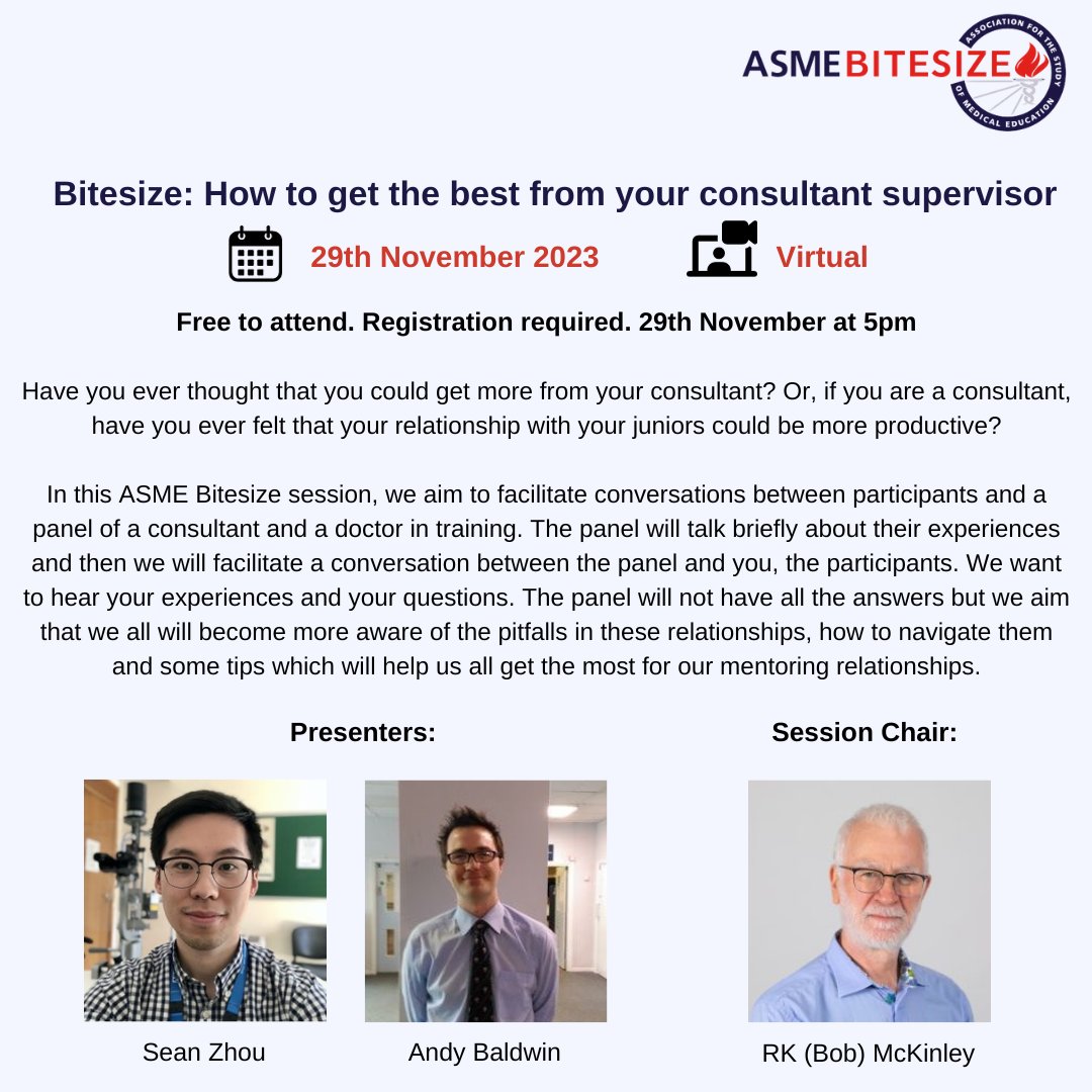 Reminder of tomorrows Bitesize Event: How to get the best from your consultant supervisor😁
Register for free here➡️us02web.zoom.us/meeting/regist……
<a href="/_SeanZhou/">Sean Zhou</a> <a href="/DrAndrewBaldwin/">Andy Baldwin</a>