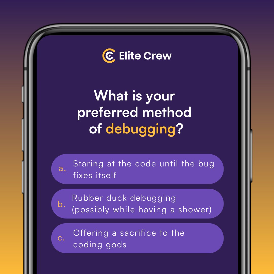 elitecrewio's tweet photo. How to fix errors in the code 🦟🐛
➡ What's your preferred method of debugging?

🟡 Staring at the code until the bug fixes itself 😶
🟡 Rubber duck debugging (preferably while having a shower) 🚿
🟡 Offering a sacrifice to the coding gods 🗡️

Leave us a comment😉
#code #Bugs https://t.co/S3Q7mzHdUu