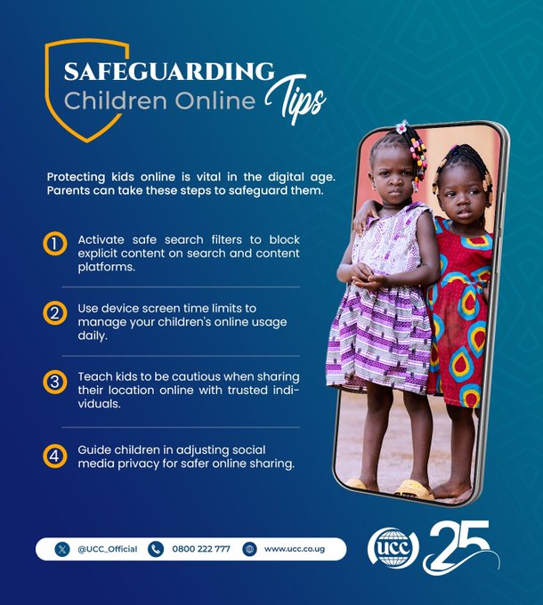 kibuukla's tweet photo. Let's prioritize our children's online safety during the holiday season. Encourage open communication, set clear boundaries, and explore parental controls to make this festive season joyful and secure for our little ones. #ChildOnlineTips by @UCC_Official @MoICT_Ug @DMU_Uganda https://t.co/0yDX6qadx0