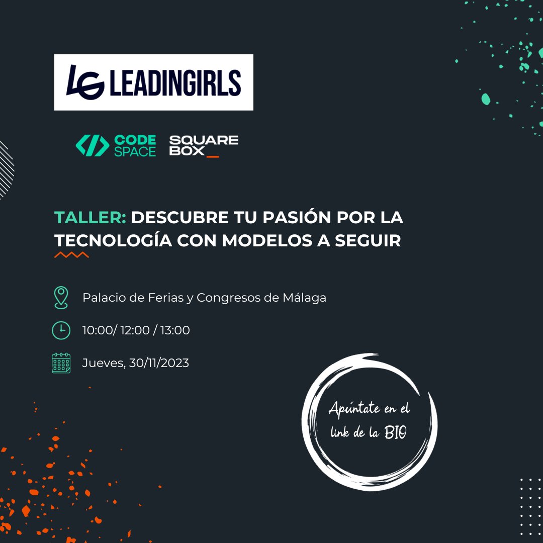 Este jueves, 30/11/2023, estaremos en <a href="/LeadinGirlsEsp/">LeadinGirls</a> para organizar un taller junto a nuestras compis de <a href="/sqrbxpro/">Squarebox</a> 🚀

¡Nos vemos en el Palacio de Ferias y Congresos de Málaga! 🤩

Apúntate aquí: shorturl.at/giPZ8