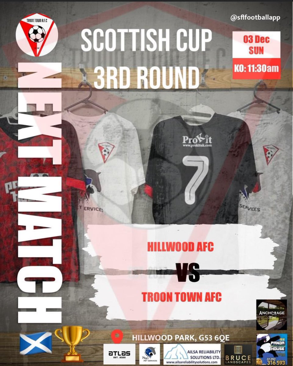 This Sunday we take on Hillwood AFC  in the Scottish cup 3rd round 
 
Another tough test but hopefully we get back to winning ways before the Christmas break 

🆚 Hillwood AFC
📍 Hillwood Park 
⏰ 11:30 KO
🏆 Scottish Cup