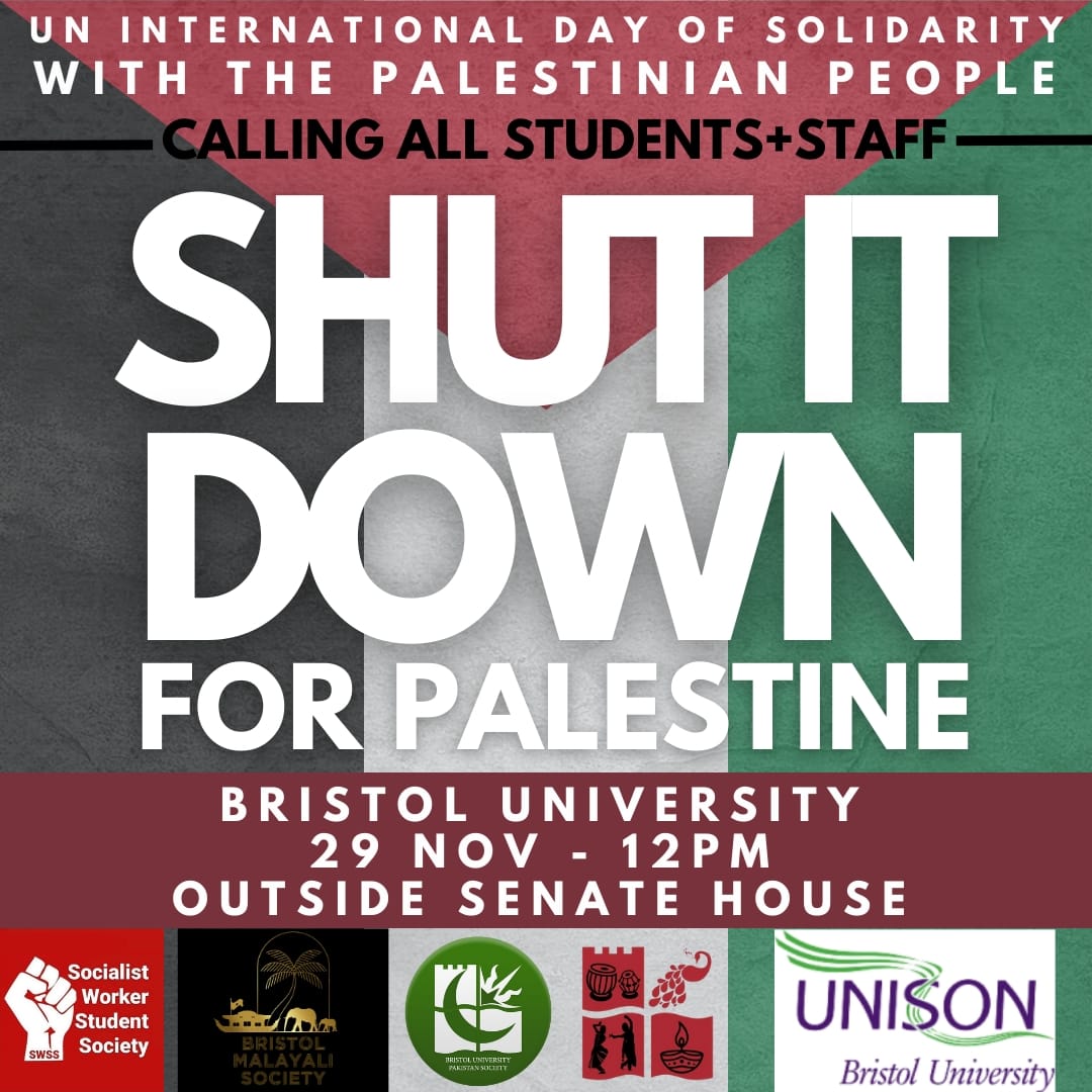 🇵🇸UN International Day of Solidarity with the Palestinian People🇵🇸 For all staff & students at UoB, join the lunchtime rally on Wednesday 29th November at 12. Wear any🟥🟩or⬛ clothes (along with our Unison 💜beanies) and join the growing calls for a permanent ceasefire in Gaza.