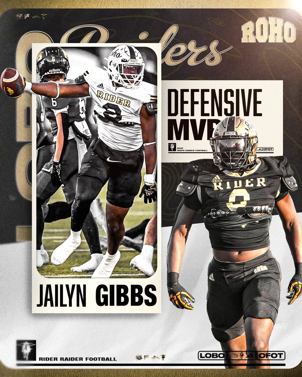 raiderfball's tweet photo. ⬛️🟨ALL-DISTRICT🟨⬛️

-Defensive MVP-

Sr. DL/LB/TE Jailyn Gibbs (@JailynGibbs1)

37 TFL
17 Sacks
63 QB pressures
5 PBU
1 INT

2 Rec. TDs

All Time Sack Leader in Rider History

#ROHO | #OFOT | #LOBO https://t.co/ztEgcidBqx