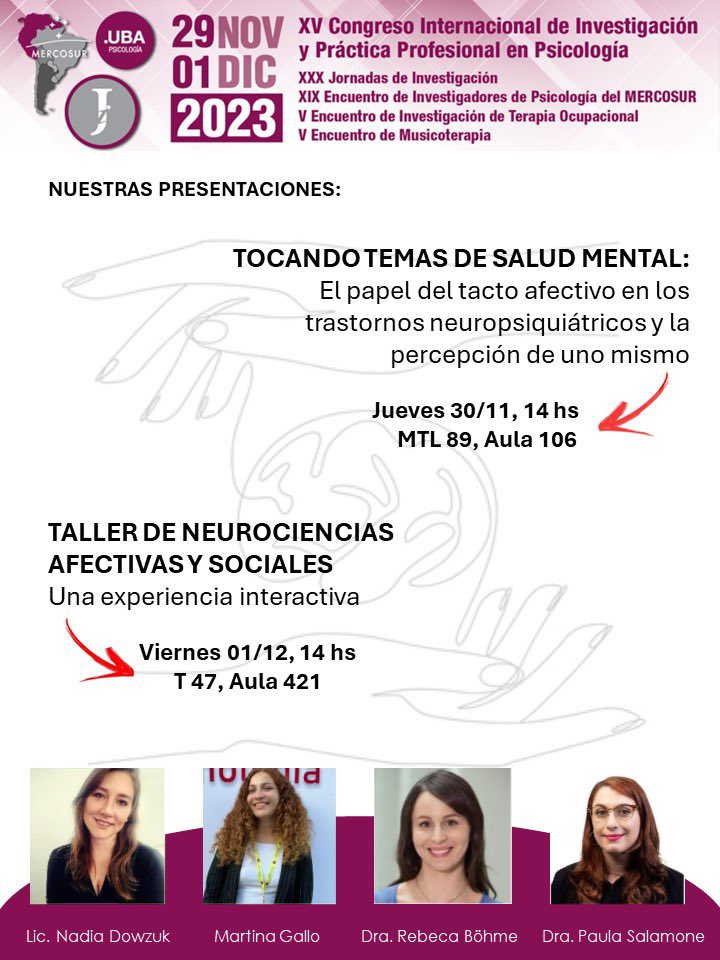Dr Paula C Salamone (@pausalamone) on Twitter photo CONGRESS WEEK!
Esta semana en el congreso de <a href="/UBAPsicologia/">UBAPsicologia</a> vengan a ver nuestra presentación y taller.
Jueves y Viernes a las 14h
<a href="/kinepsina/">Nadia DH</a>
<a href="/martuugallo/">Martu</a>
<a href="/RebeccaBoehme/">Dr. Rebecca Boehme</a>
<a href="/PauSalamone/">Dr Paula C Salamone</a>
<a href="/BoehmeLab/">The Boehme Lab</a> CONGRESS WEEK!
Esta semana en el congreso de <a href="/UBAPsicologia/">UBAPsicologia</a> vengan a ver nuestra presentación y taller.
Jueves y Viernes a las 14h
<a href="/kinepsina/">Nadia DH</a>
<a href="/martuugallo/">Martu</a>
<a href="/RebeccaBoehme/">Dr. Rebecca Boehme</a>
<a href="/PauSalamone/">Dr Paula C Salamone</a>
<a href="/BoehmeLab/">The Boehme Lab</a>