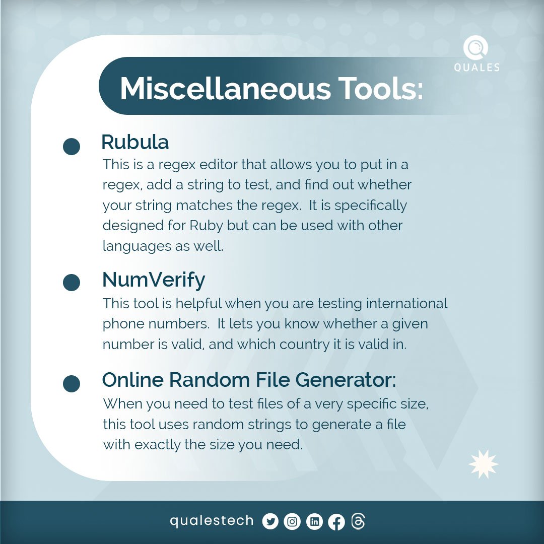 Qualestech_'s tweet image. Testers, It's time to bring your A-game on for the week! Here is an additional list of tools to simplify your testing journey.
Swipe ⬅️ to view!
Learn this and more by registering for our upcoming Software testing training!
#softwaretestingtools #techies
#SoftwareEngineer