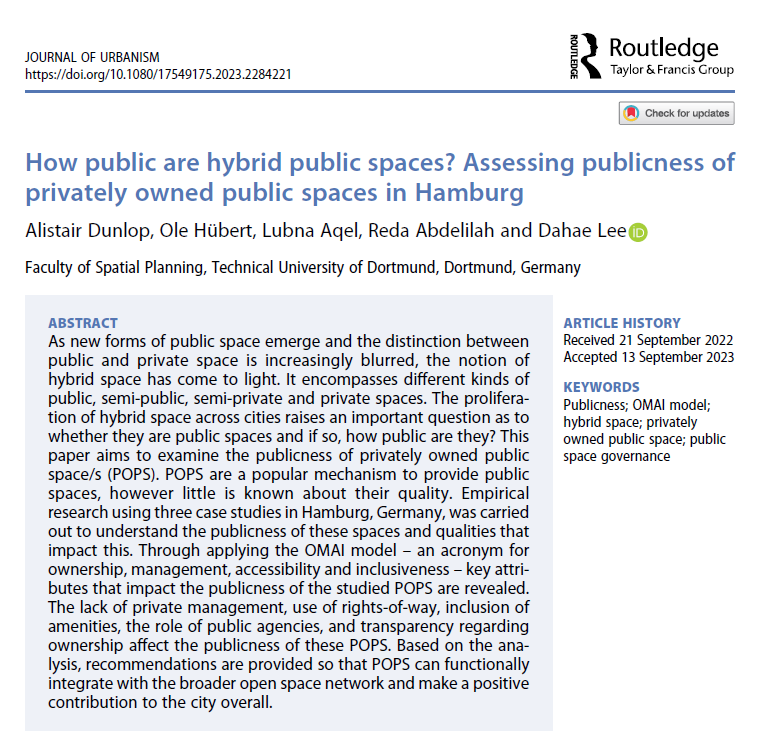 __DahaeLee's tweet photo. How public are hybrid public spaces? Our recent work published in @JournalUrbanism assesses the publicness of privately owned public spaces in Hamburg and reveals key attributes that impact it.
https://t.co/RP8O7nbgZs
#Publicness #PrivatelyOwnedPublicSpace https://t.co/gG9ZXH7Qqt