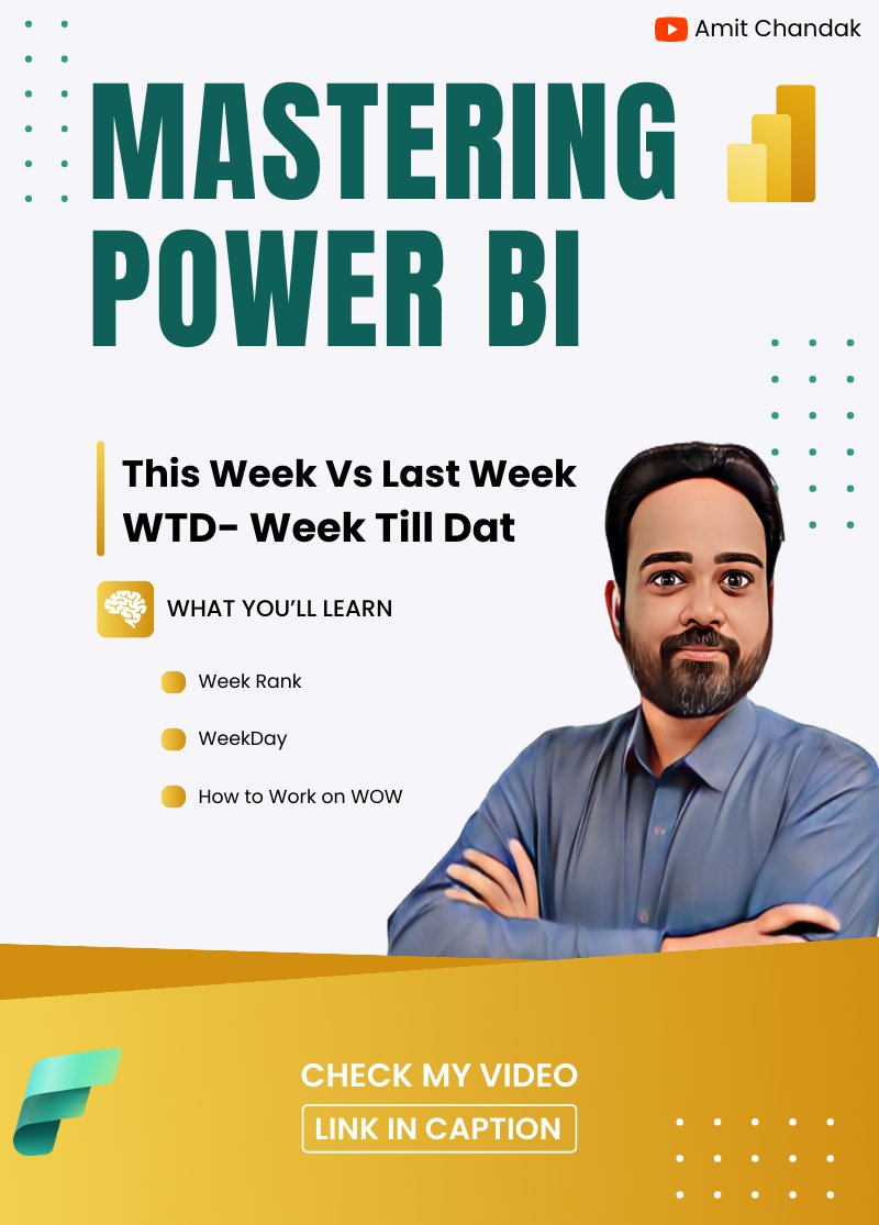 amitchandak78's tweet photo. Mastering Week-on-Week and WTD Analysis in Power BI: A Step-by-Step Guide: https://t.co/SGNRt7q8xr
Power BI does not provide standard functions for Week on Week (WoW) or Week Till Date (WTD) analyses.
#WOW #WEEkonWEEK #WTD #TimeIntelligence #DAX #powerquery #AmitChandakDA https://t.co/s1iWnAMU6Z