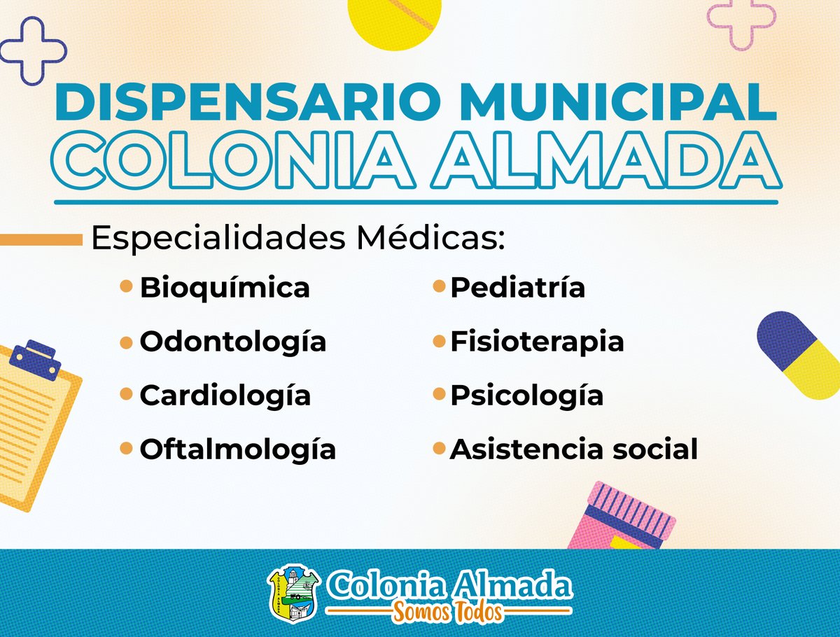 🏥 El Dispensario Municipal ofrece las siguientes especialidades médicas:

🟢 Bioquímica.
🟢 Odontología.
🟢 Cardiología.
🟢 Oftalmología.
🟢 Asistencia social.
🟢 Pediatría.
🟢 Fisioterapia.
🟢 Psicología.