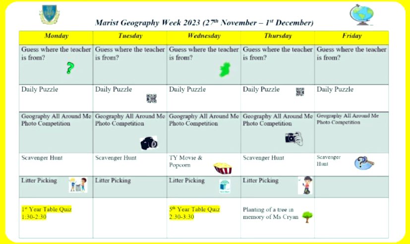 MaristAthlone's tweet photo. 🌎 Geography Week 2023 🌎
Lots of activities planned by the Geography Department for this week! #geographyweek https://t.co/eaMAoaOLHD