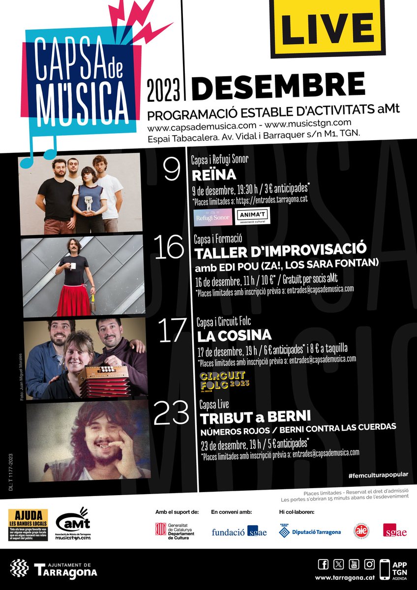 musicstgn's tweet photo. #Activitats i #SINERGIES al desembre #AjuntamentdeTarragona i @ACAnimat dins el #cicle #RefugiSonor amb #Enderrock pel #CircuitFolc23 amb els companys del #LABO pel #tallerimprovisació amb #EDIPOU i amb els #músics dels #barrisdeponent pel #tribut a #BERNISANCHA #live #aMt #Music https://t.co/pkyhIirm2Z