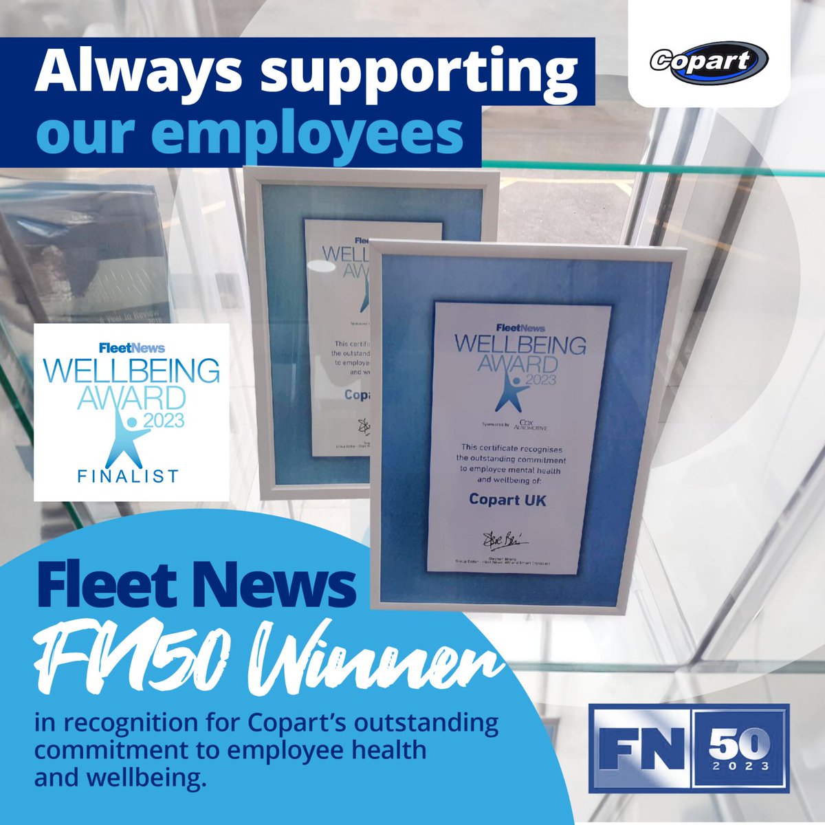 CopartUKLimited's tweet photo. We're thrilled to win this certificate of recognition for Copart’s outstanding commitment to employee health and wellbeing at the Fleet News and Commercial Fleet #FN50 Dinner 2023 - We continue to invest in wellbeing support tools :) https://t.co/L5bpUvKoL6