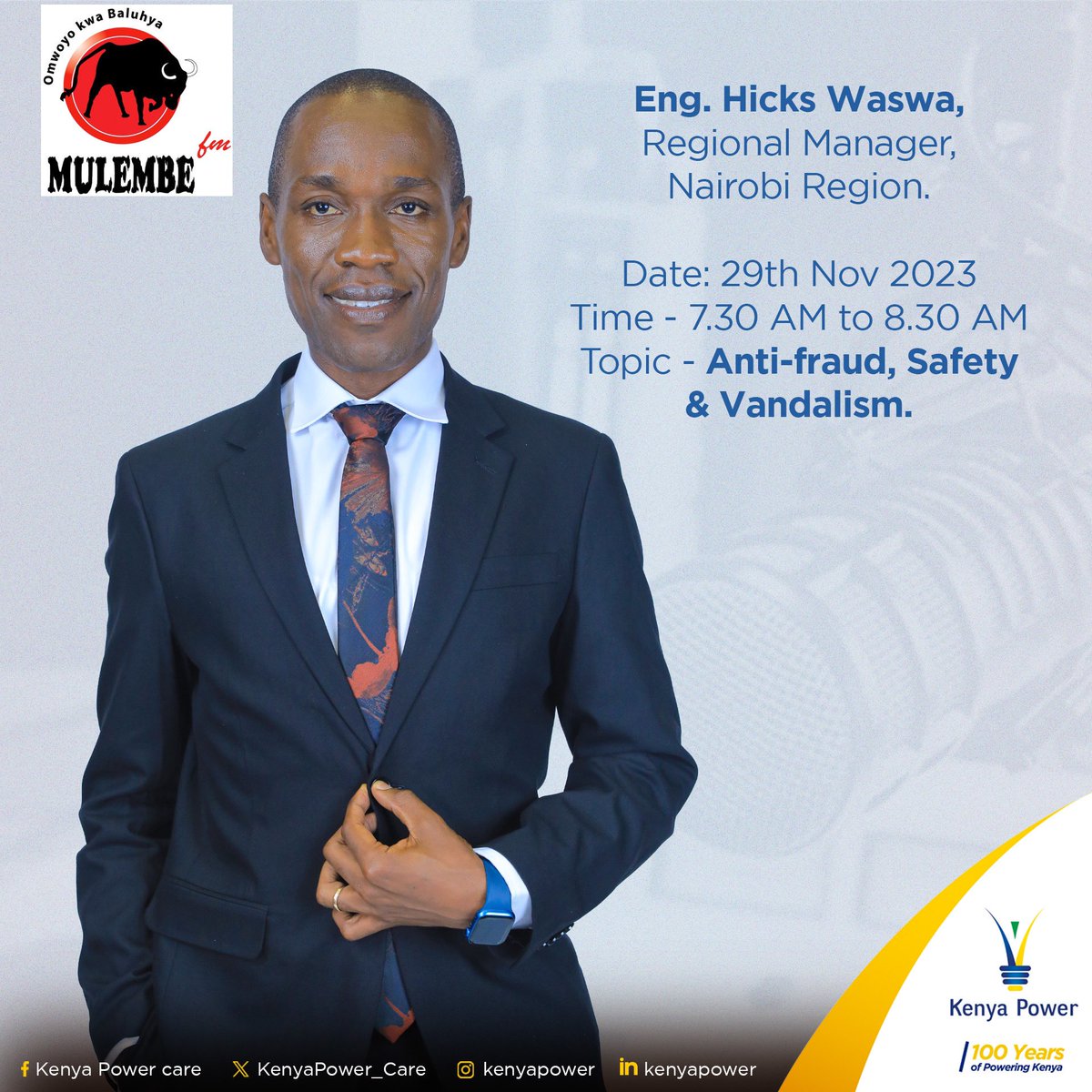 Tune in to @Mulembe_FM’s Bhukha Bushiere from 7:30 AM, as Eng. Hicks Waswa, Regional Manager Nairobi Region, leads a crucial discussion on combating theft, fraud, vandalism, and ensuring public safety. #KaaRada #EpukaNoma ^JC
