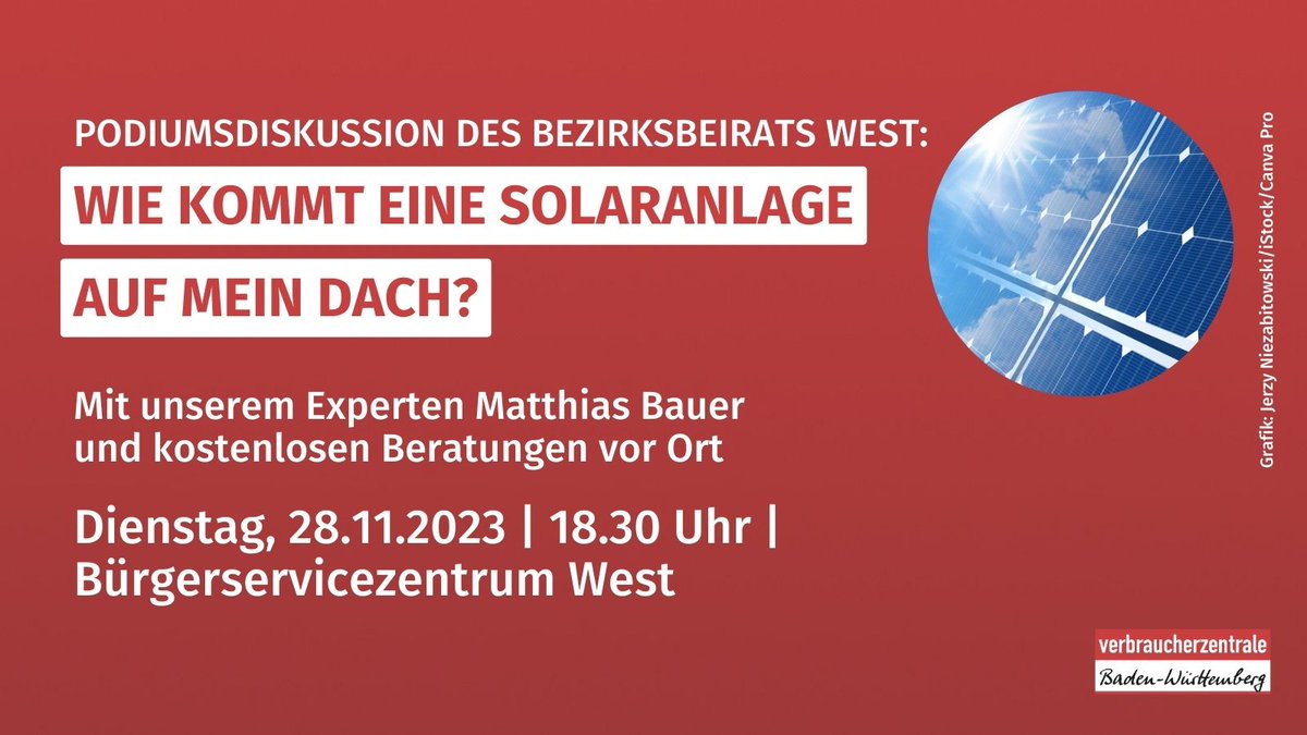 Wir sind heute im Bürgerzentrum West bei @stuttgart_stadt und dem Bezirksbeirat West und diskutieren zum Thema 'Wie kommt eine Solaranlage auf mein Dach?' 👉 Zur Veranstaltung: stuttgart.de/veranstaltungs…