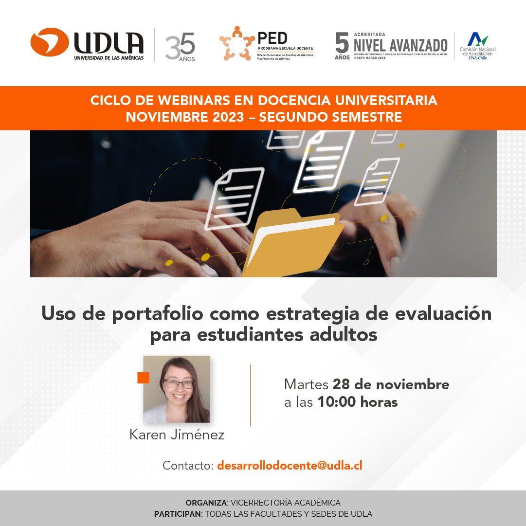 D_DocenteUDLA's tweet photo. 🧐📌Hoy continuamos con el ciclo de Webinars de Noviembre 2023 con: "Uso de portafolio como estrategia de evaluación para estudiantes adultos" a cargo de la Académica Karen Jiménez
⏰Horario: 10:00 a 11:00
➡️Inscripciones en: https://t.co/I4wUGq8yDD https://t.co/H6EtZutyE8