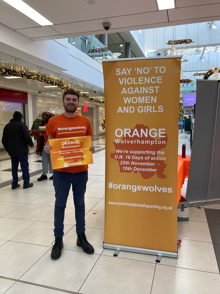 @thehubwolves is delighted to be in the Mander Centre today to raise awareness #OrangeWolves #16DaysOfActivism #16DaysOfActivism2023 #NoExcuseForAbuse #OrangeTheWorld #OrangeWolves2023