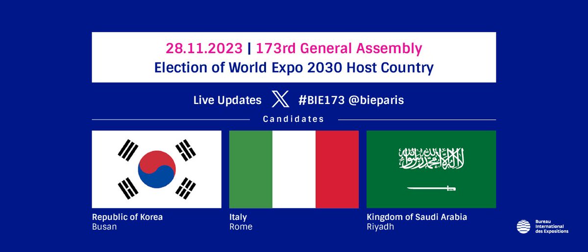 Coming up, the final presentations of the three candidates for World Expo 2030, followed by the election of the host country. Follow the live stream of presentations: youtube.com/watch?v=1Xx52H… #BIE173