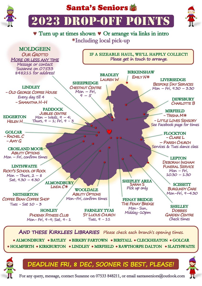Donations points in most Libraries in Kirklees,  The Chestnut Centre and Lindley Library for HD2 and HD3