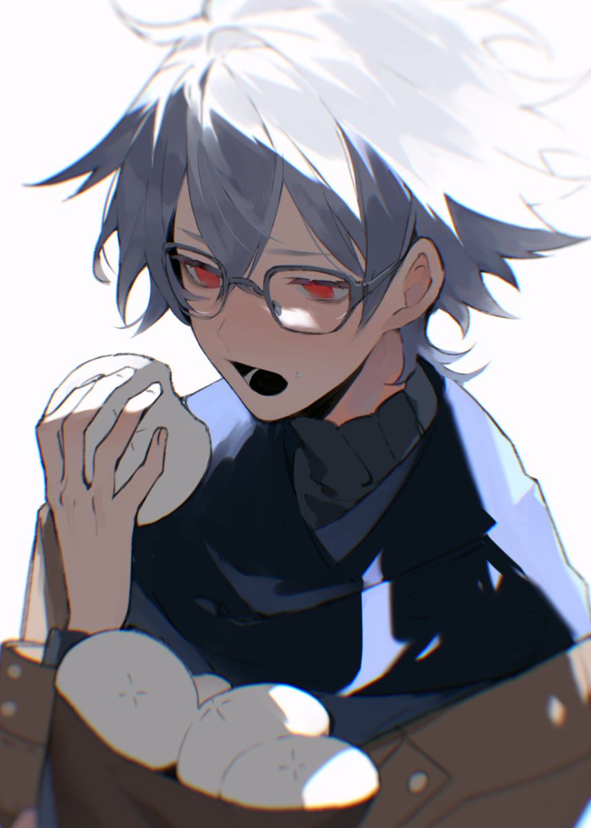 1boy male focus red eyes solo glasses holding food  illustration images