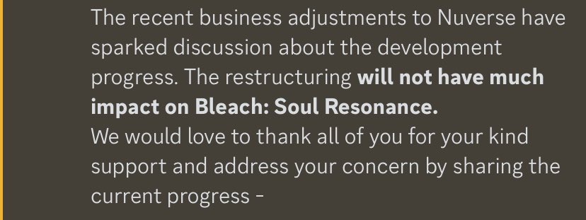BleachSRNews's tweet photo. Current response on the NUVERSE situation from official Discord
※ Restructuring will NOT have much impact on Bleach: Soul Resonance
※ Unsheathed test date pushed back

※ Follow for news/updates🔁

#BLEACH #BLEACHSR #BLEACH_anime #BleachSoulResonance #BleachSRgame #BleachSRNews https://t.co/5a0UKyEctH